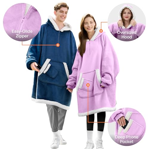 Giggling Getup Wearable Blanket Hoodie for Women Men Gifts for Women Mom Wife Sherpa Fleece Hooded Blanket Sweatshirt Warm Cozy Sherpa Wearable Throw with Pocket and Sleeves for Adult Oversize Violet