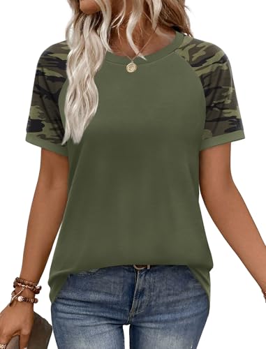 WIHOLL Womens Summer Tops 2026 Spring Fashion Clothing Dressy Casual Short Sleeve Tshirts Shirts Loose Fit Beach Vacation Outfits Cute Camo Army Green L