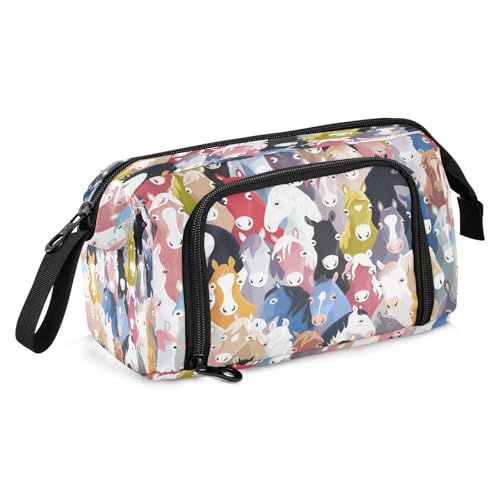 Grande trousse à crayons pour filles et garçons - Motif chevaux colorés - Pour fournitures scolaires et de bureau - Trousse à crayons motif cheval mignon pour adultes et femmes