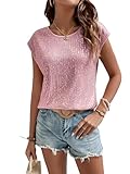 SweatyRocks Women's Round Neck Glitter Sequins Shirts Top Casual Cap Sleeve Party Tee Tops Pink S