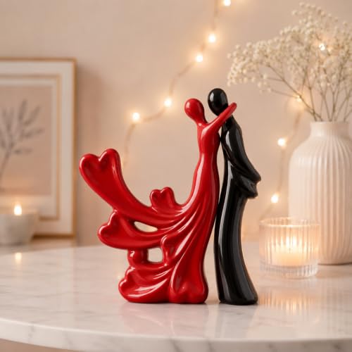 Image of Beautiful Home Decor Hugging Couple Figure | Ceramic Home Decor Statue - (Set of 2, Red Black)