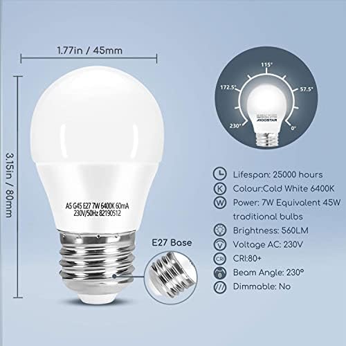 Aigostar E27 Bulbs 45W Equivalent, E27 Screw Bulb Cool White, 7W E27 LED Bulb 560LM, Large Edison Screw Light Bulbs Daylight 6400K, No Flick ES E27 Golf Ball Bulbs, 5 Pack