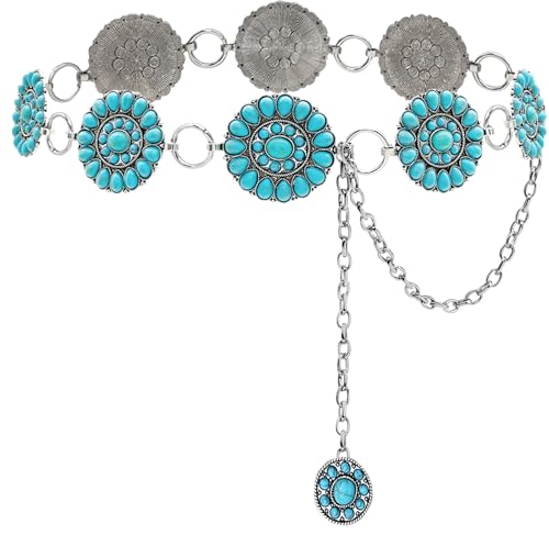 Xiokyo Turquoise Chain Belt for Women, Western Cowgirl Concho Belt
