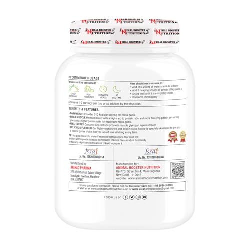 Image of Animal Booster Nutrition Maha Mass Gainer, 25 Gram Of Protein in 90gm of Servings Helps in Gain Weight, Build Muscle & Fuel Energy - Mango Flavor (11Servings /1KG)