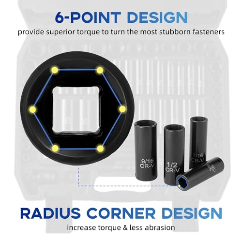 Image of Reniteco 64-Piece 3 /8 inch Drive Socket Set, SAE (5 /16 inch-1 inch) & Metric (6mm-24mm), Deep & Shallow, 72-Tooth Ratchet Wrench, Extension Bars, 1 /2 inch F to 3 /8 inch M Reducer, Universal Joint & Power Drill Adapter