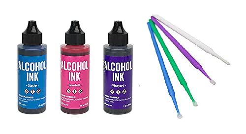 Ranger Alcohol Ink Bundles - Larger 2oz. Bottles of Alcohol Ink with PTP Flash Deals Blending Sticks (Vineyard: Vineyard, Glacier, Gumball)
