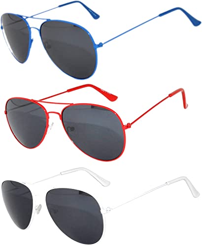 Image of OWL Set of 3 Pack Aviator Style Sunglasses Colored Metal Frame Mirror Lens Smoke Lens