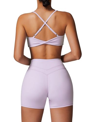 Odizli Sport Set Damen Rückenfrei Push Up Starker Halt BH Top + High Waist Shorts Kurz Sporthose Outfit Sportbekleidung Frauen Sportset Gym Workout Yoga Fitness Sportanzug Sportkleidung Violett M