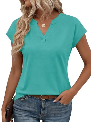 NAIOSS Damen Tshirt Sommer Elegant Oberteil Kurzarm Shirts Baumwolle Tunika Tops(Lake blau/L)