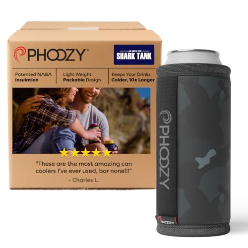 Image of PHOOZY Insulated Can Cooler for Slim 12 oz Cans - Patented Drink Sleeve with NASA-Inspired Technology - Keeps Beer, Soda & Sparkling Water Cold Longer - Lightweight Outdoor Can Holder - Black Camo