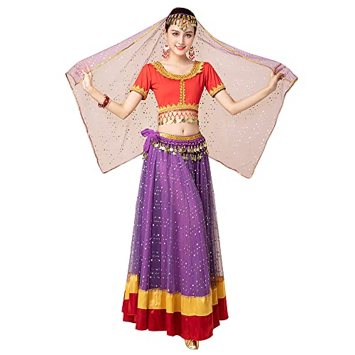 MISI CHAO Belly Dance Costume Bollywood Dress - Halloween Chiffon Dance Outfit Costumes with Head Veil for Women(Red,L)