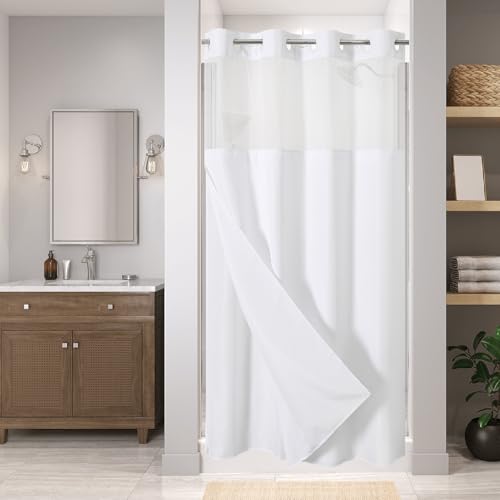 eachope Stall No Hooks Needed White Shower Curtain with Snap-in Fabric Liner Set,Linen Textured Hotel Luxury Decor Farmhouse Shower Curtains for Bathroom,Waterproof & Washable,54Wx80H