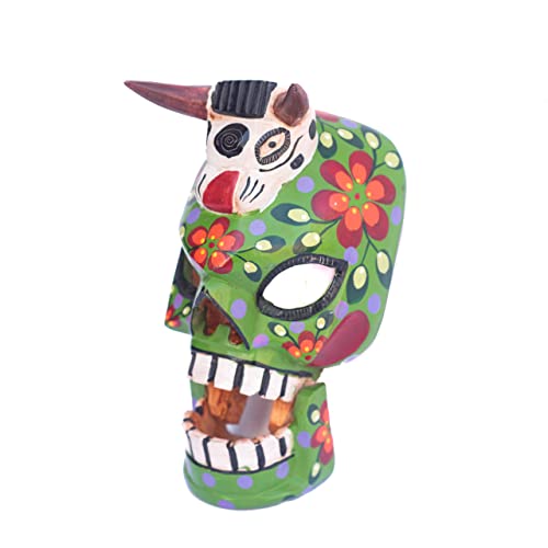 Handcarved Guatemalan Mask, Vintage Green Skeleton Mask with Bull, 5 x 6.5 x 9.5 Inches