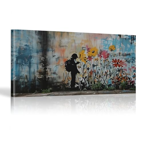 Tableau Banksy fleurs colorées 65x130cm sur toile de rue déco salon