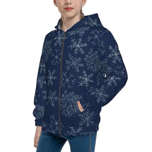 Snowflake Dark Blue Kids Pullover Hoodies Boys Zip Up Sweatshirts Girls Athletic Clothes with Pocket