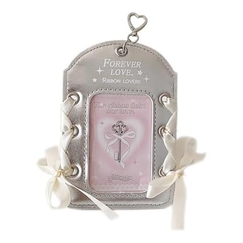 Cute Kpop Photocard Holder with Keychain Silver Pu Leather Ribbon 3 inch Mini Photo ID Card Holder Protector Stationery (Vertical) Cover
