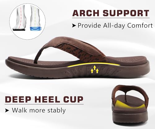 ONCAI Sandals for Men, Comfort Orthotic Plantar Fasciitis Beach Sport Athletic Soft Flip Flops with Yoga Foam Arch Support Brown Size 11 by ONCAI - Used condition - Image 3
