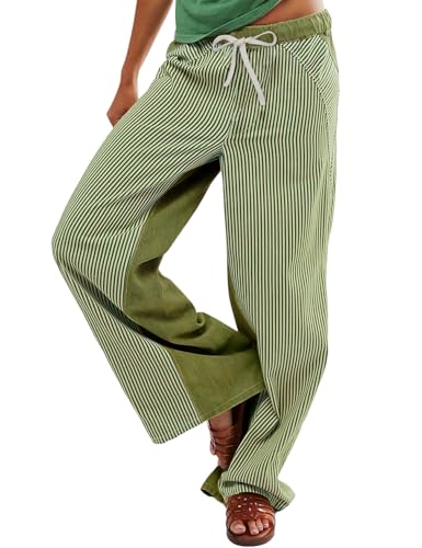 Yimoon Y2K Striped Pants for Women Low Rise Drawstring Pull On Jeans Casual Baggy Wide Leg Trousers 2025 Trendy
