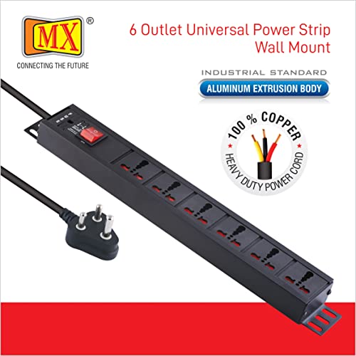 Image of MX Universal Socket Extension Board with Child Safety Shutter Power Strip Wall /Desk Mount Heavy Duty Alumminium Extrusion Body (6-Outlet Universal Power Strip 3 MTR)