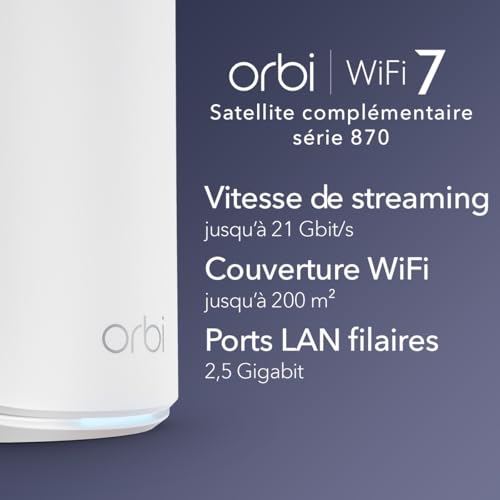 NETGEAR Orbi série 870 - Système Mesh WiFi 7 - Fonctionne avec Orbi RBE872 et RBE873 - Jusqu'à 21 Gbits/s - étend la Couverture jusqu'à 200 m² - et 150 appareils - Quad-Band BE21000 - RBE870 - Blanc