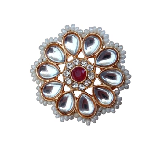 Traditional Kundan Pearl Ring for Women | Gold Plated Floral Statement Ring with Red Stone | Adjustable Finger Ring for Wedding, Festival and Party Use-image-21