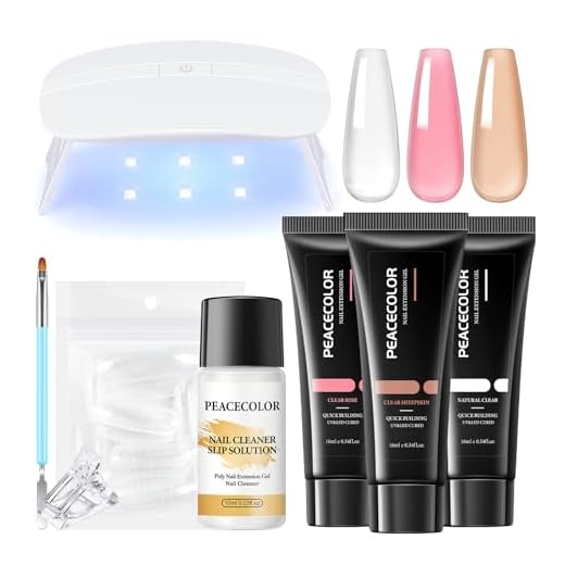 PEACECOLOR Gel Extensión de Uñas Kit 8PCS, 3 * 16ml Poly Nail Gel Para Uñas Con Lampara Uñas y Slip Solution, Kit Uñas de Gel con Rosa, Blanco, Nude para DIY para Principiante en Casa