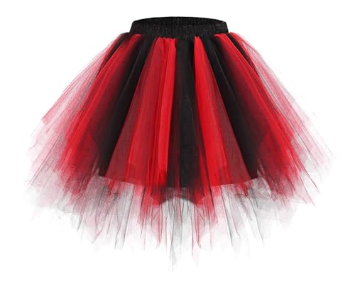 Bridesmay Gonna in Tulle da Donna, Sottogonna Corta per Balletto, Stile Tutu, Anni '50, Rockabilly, Mini Gonna per Carnevale, nero-rosso, L