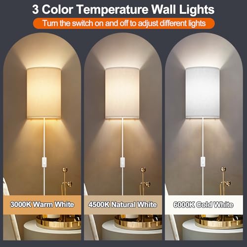Image of Plug in Wall Sconces Set of Two: Wall Lights with On /Off Switch - Stepless Color Temperature Wall Mount Lamps - Fabric Linen Wall Sconce for Bedroom Living Room & Hallway- Indoor Corded Wall Sconces