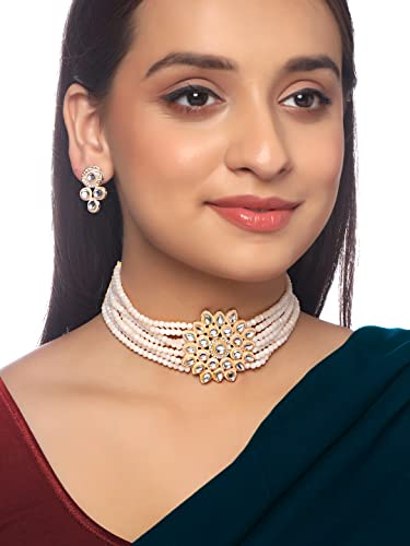 Image of Yellow Chimes Kundan Jewellery Set for Women Ethnic Artificial Beads Peach Floral Traditional Choker Necklace Set for Women and Girls