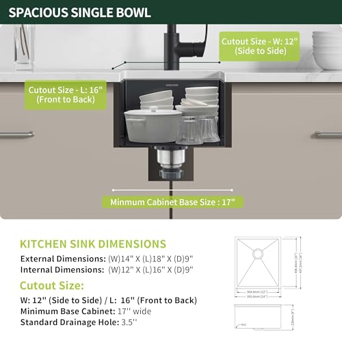 Image of 14-Inch Black Undermount Bar Sink, Stainless Steel Single Bowl