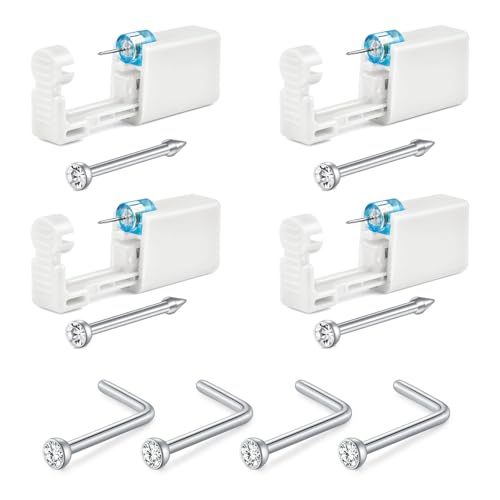 NIUSIMAN 4 Set pistola piercing naso,argento pistola piercing naso usa e getta precarico monouso sicuro strumento sterile piercing salone domestico gli uomini delle donne