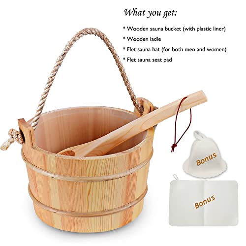 Bestnewie Finnish Pine Wood Sauna Bucket With Ladle Handmade Wooden Sauna Bucket Sauna Spa Accessory - 5 Liter (1.3 Gallon) Sauna Bucket With Felt Sauna Hat And Sauna Seat Pad #TOP2