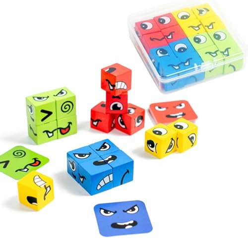 JJiaoLinin Puzzle de Madera de Expresión Facial,Juguete de expresión de Madera, Juguete sensorial,Colorido Cubo mágico de construcción Juguete Educativo Montessori para niños a Partir de 3 años