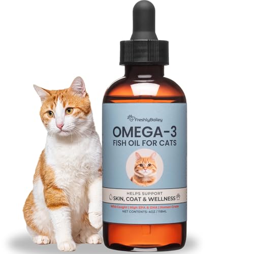 Omega 3 Fish Oil for Cats from Wild Caught Fish - Promotes Healthy Skin, Shiny Coat, & Strong Joints - Minimizes Cat Dandruff - 4 oz Approx. 157 Servings - Human-Grade Clean Ingredients