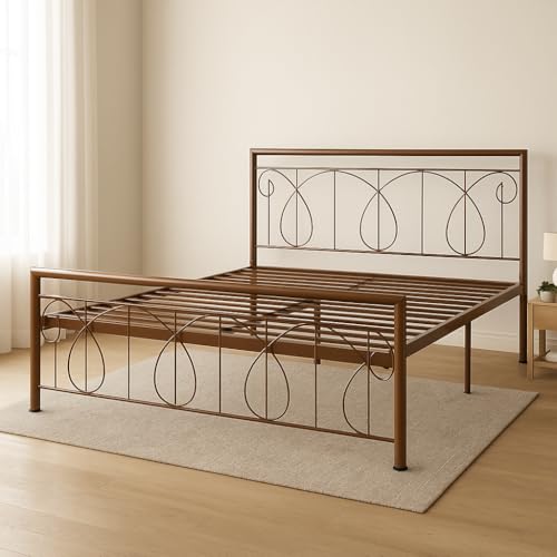 Image of Kovu Metal Queen Size Bed Without Storage | Wrought Iron Double Bed with Headboard & Footboard | Sturdy Powder Coated Platform Bed Queen Size Cot for BedroomLivingRoom Brown (75x60)