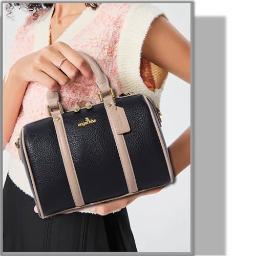 Image of Angel Kiss Women Satchel Purses and Handbags Vegan Leather Boston Barrel Bag Top Handle Shoulder Purse with Crossbody Strap | Vegan Leather