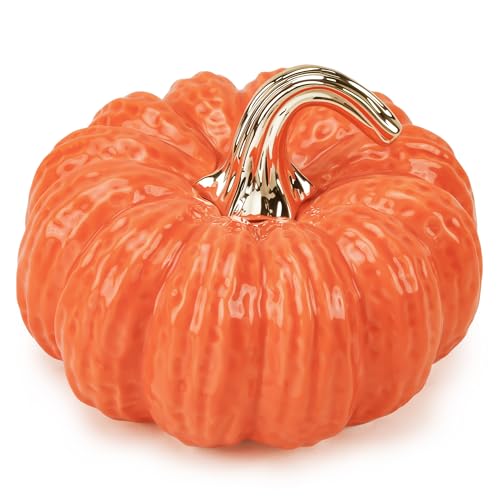 Quancru Zucche artificiali arancioni in ceramica, 20 cm, grandi statuette finte di zucca di Halloween, per autunno, raccolto e Ringraziamento, casa, centrotavola, artigianato, decorazioni per esterni