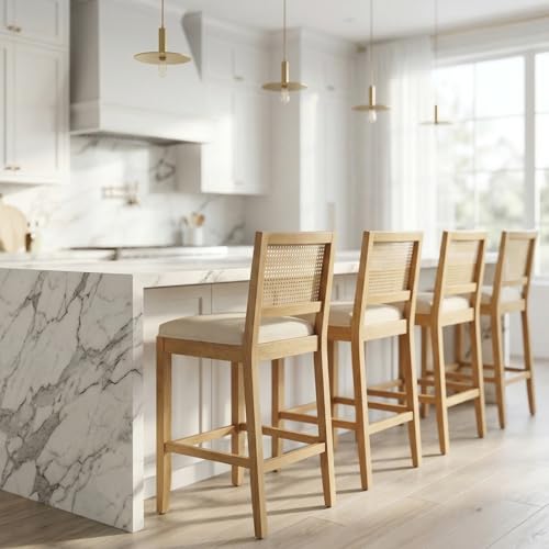 French Country Bar Stools Set of 4 Beige Rattan Counter Height Stools Linen Upholstered Farmhouse Wooden Barstools with Cane Back Kitchen Island Chairs Sillas para Barra de Cocina (Beige 4 Pcs)
