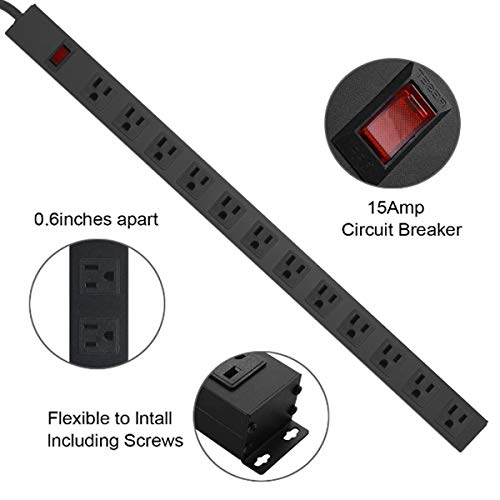 Metal Wall Mount Power Strip, Mountable Power Outlet With 12 Ac Outlets, Aluminum Alloy Mount Power Socket With Switch, 6 Ft Sjt 3/C 14Awg Power Cord, 15A 125V 1875W (12Ac) #TOP2