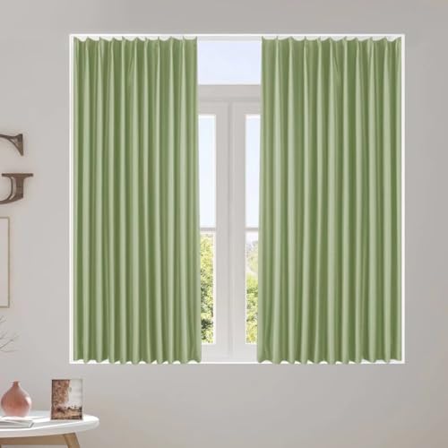 KAMIMORI 遮光カーテン 140cm丈 幅100cm 小窓 カーテン 遮光 おしゃれ 無地 UVカット 断熱 保温 防寒 遮熱 省エネ 節電対策 昼夜目隠し 間仕切り ドレープカーテン 1枚入り アジャスターフック付き 北欧 シンプル 洗える グリー