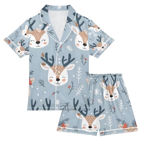senya Deer Cute Smile Face Satin Summer Pajama Sets Silk Short Sleeve Button Down Sleepwear