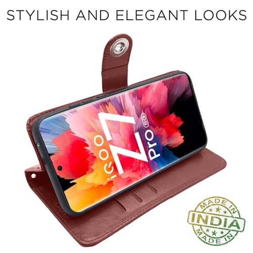 Image of Pikkme iQOO Z7 Pro 5G Flip Cover Leather Finish | Inside TPU with Card Pockets | Wallet Stand and Shock Proof | Complete Protection Button Flip Case for iQOO Z7 Pro 5G (Brown)