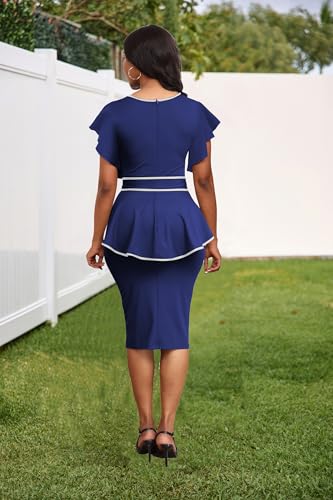 Image of Women's Vintage Bodycon Church Ruffle Sleeve Ruched Dresses Work Midi Pencil Dress