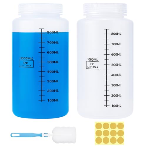 Sheryl&Rain 2 Stück 1000 ml Weithalsflasche Kunststoff, Labor-Reagenzflasche mit Breiter Öffnung, Versiegelt, Auslaufsicher, Durchscheinend, PP-Flasche, für Pillenflaschen, Wasserprobenflaschen
