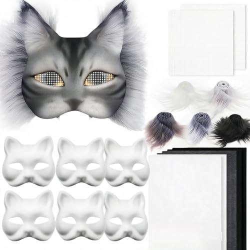 ZVD Therian Mask DIY Set 6 Stück DIY Papier Therian Maske mit Kunstpelz Augennetz und Filztuch Leere Halbe Gesichts Katzenmasken zum Basteln für Halloween Maskerade Maskenball Cosplay (a)