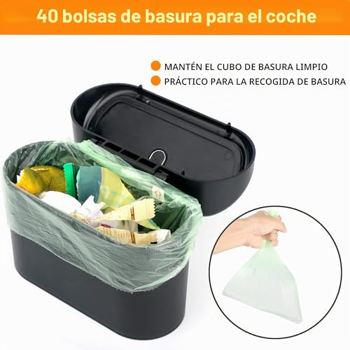 Miniatura 4 de Einesin Papelera Para Coche, Mini Cubo De Basura Con Tapa Y 40 Bolsas De Basura, Organizador De Coche Pequeño Para Almacenamiento Y Organización, Accesorios De Coche, Capacidad 1,4l