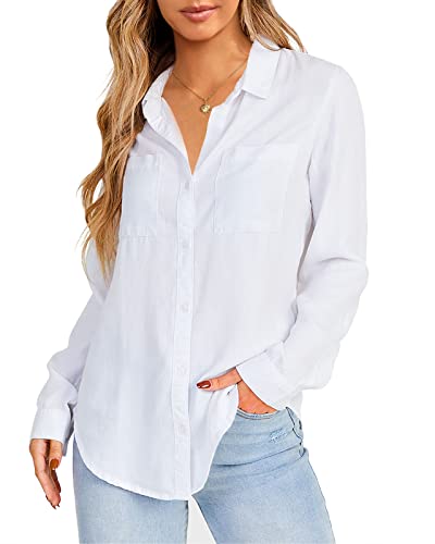 Nulibenna Womens 100% Cotton Button Down Shirts Long Sleeve V Neck Spring Blouses Business Casual Work Office Pocket Tops