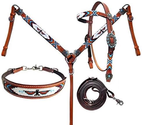 Showman Beaded Thunderbird 4 Piece Headstall, Breast Collar & Wither Strap Set