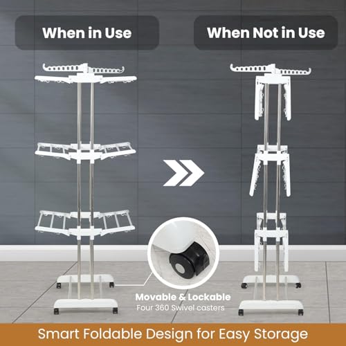 Image of H Houseware Foldable Clothes Drying Stand | 3-Tier Stainless Steel Heavy-Duty Clothes Dryer with Wheels & Hanger Slots | Rust-Proof for Indoor & Outdoor Balcony Use (121.9 x 68.6 x 167.6 cm)