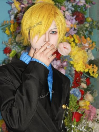 Image of Half and Half Short Blonde Pirate Chef Anime Cosplay Wig for Men Yellow Golden Side Part Male Fighter Costume Wigs for Unisex Women Halloween Party Daily